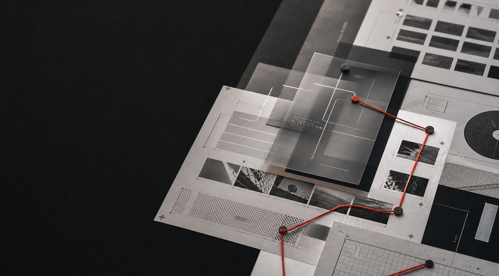 Layered campaign documents connected by a red workflow thread